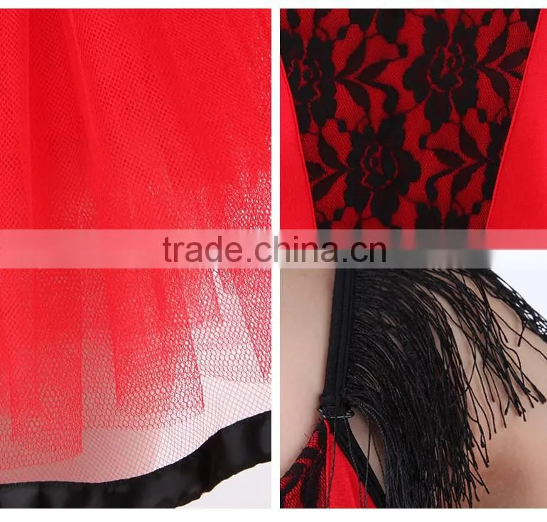 Classic Chinese Red Ballet Performance Tutu Dress With Fashionable Tassel and V Lace Front