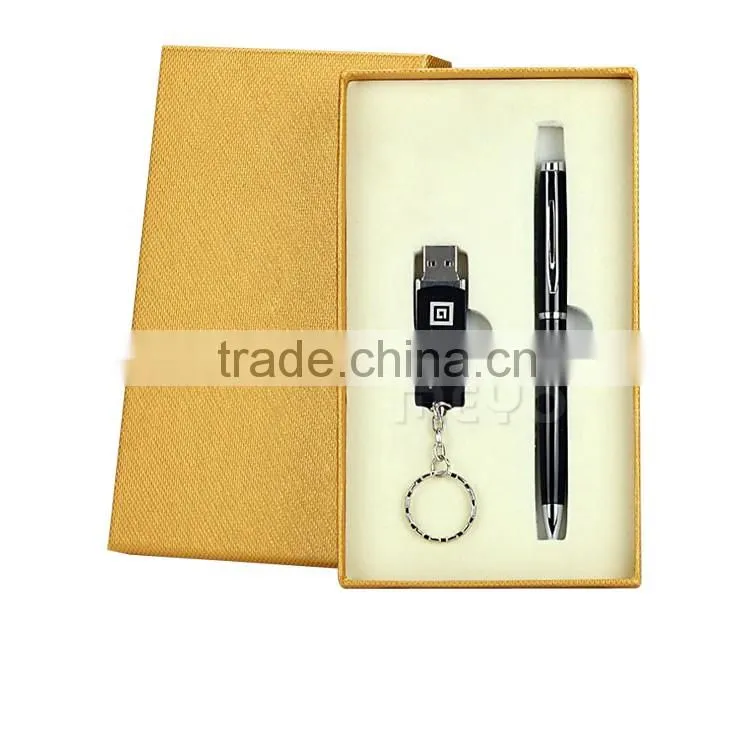 Corporaiton keychain usb flash drive and metal ball pen office gift set