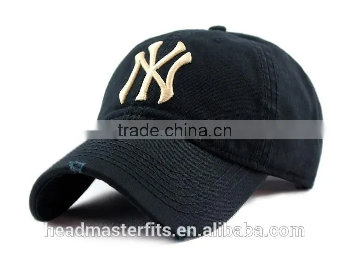 Custom embroidery NY baseball hat washed cotton 6 panel baseball cap distressed hat