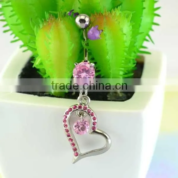 Newest promotional pink zircon hanging crystal heart durable navel rings supplies