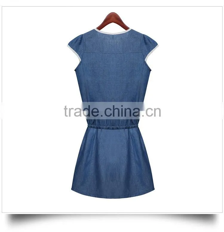 2015 Casual Women Newest Denim Dress High Qality Sleeveless Ladies fashion Denim Dress With flower