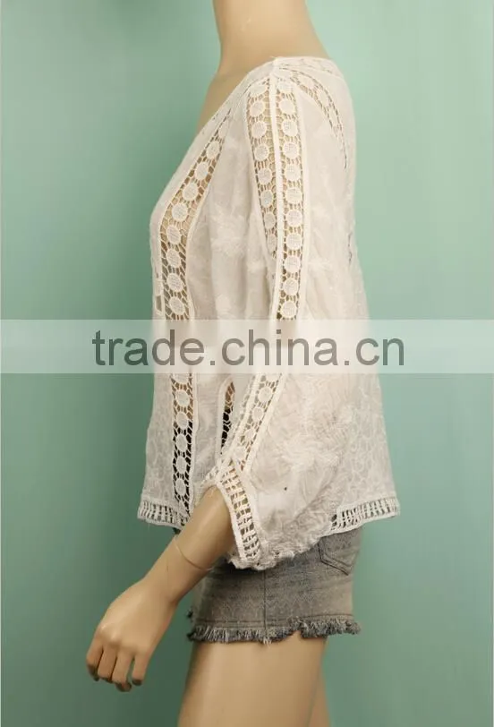 2016 S/A Visible fashionable design ladies knitted crochet 100% cotton blouse