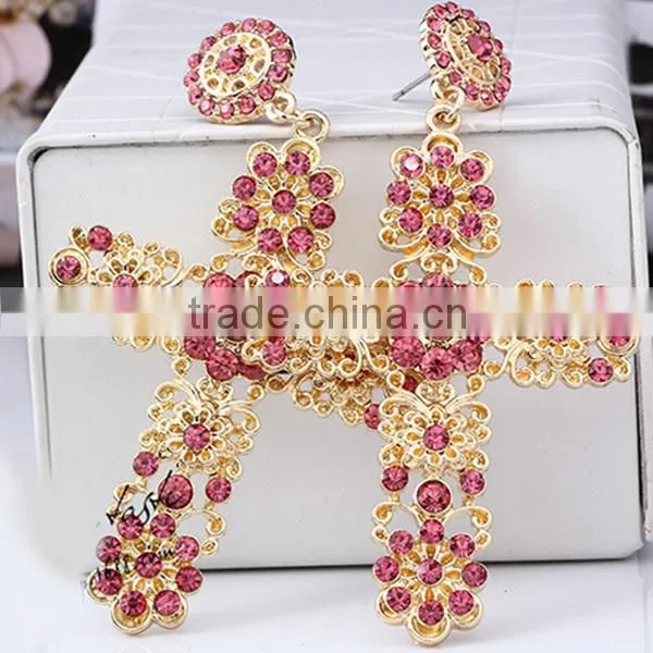 zhejiang mix colors rhinestone long large cross earring