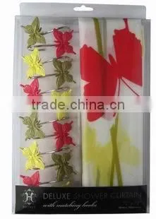 butterfly design shower curtain with 12 pcs decorative resin hooks