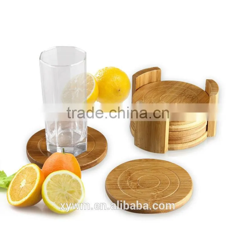 100% Natural Round Bamboo Wood Non-Skid Mug Coasters and Holder- Kitchen,Coffee