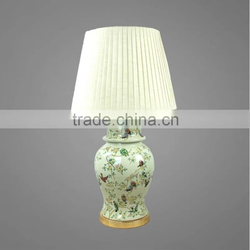 Nice Printing On Ceramic Body And Metal Base In Antique Brass With Fabric Lampshade Bedside Table Lamp Decorative Table Lamp