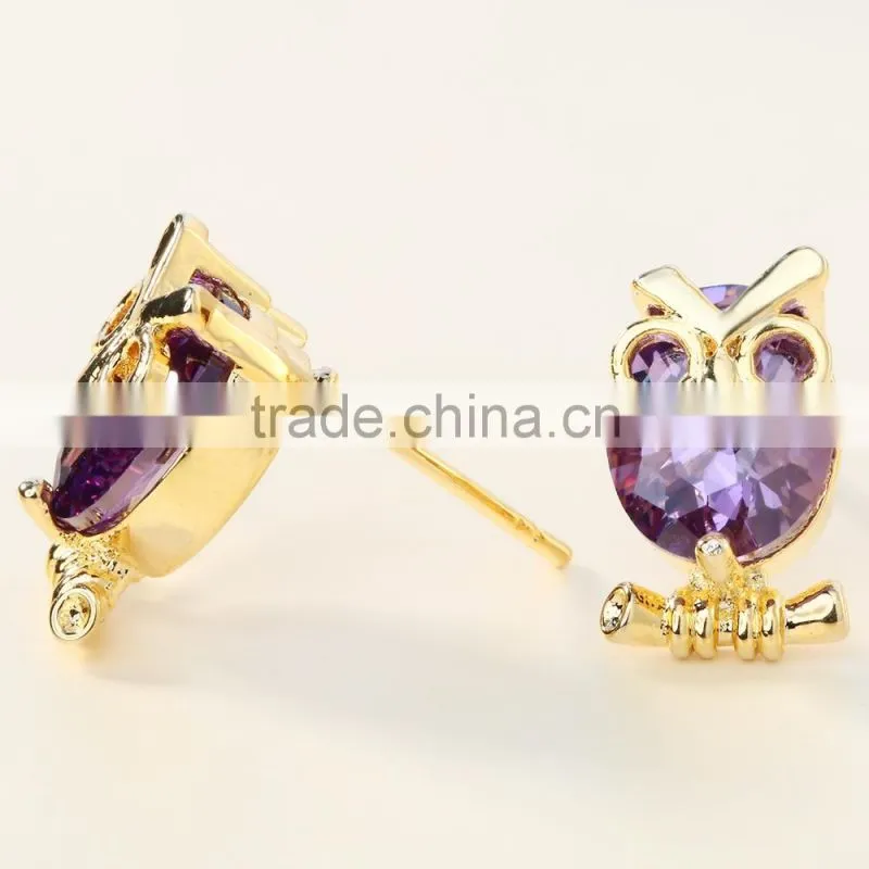 Cute gold color red zircon oval owl women jewelry party earring