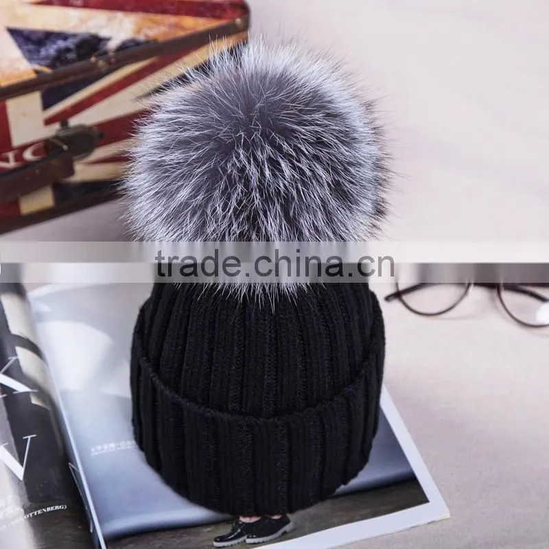 Hot Winter Colorful Snow Caps Wool Knitted Beanie Hat With real sliver fox Fur Pom Poms For Women Men Hip Hop Skullies Cap