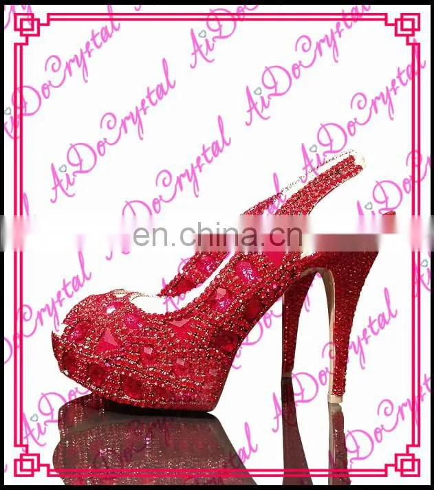 Aidocrystal handmade closed toe red with three-angle diamonds slingback high heel shoes for ladies