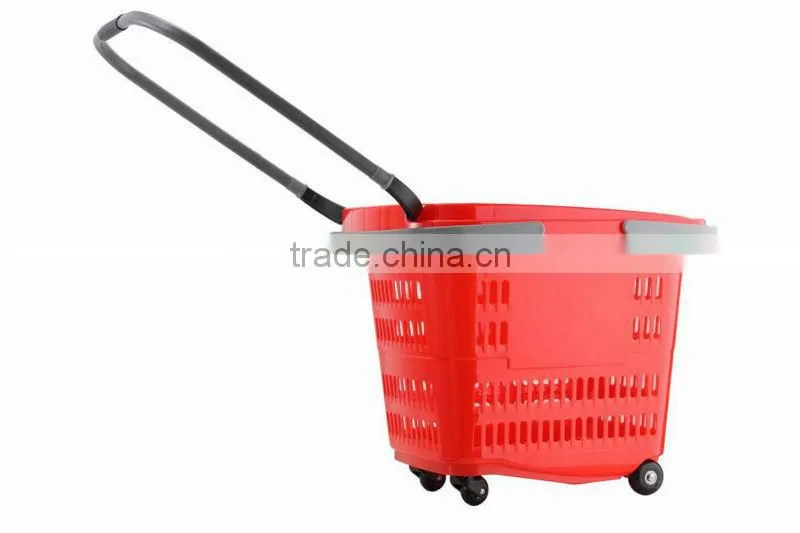 rolling plastic supermarket shopping basket with wheels