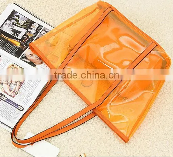 Transparent style 2 in One Women Leather Bags Handbag Clutch Tote Shoulder Bag . PVC beach bags orange
