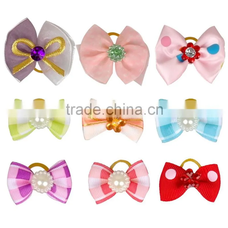 Dog Pet Cat Puppy Hair Bows Mixed Colors Grid Dots Mixed Designs Rubber Band Wholesale Pet Gifts