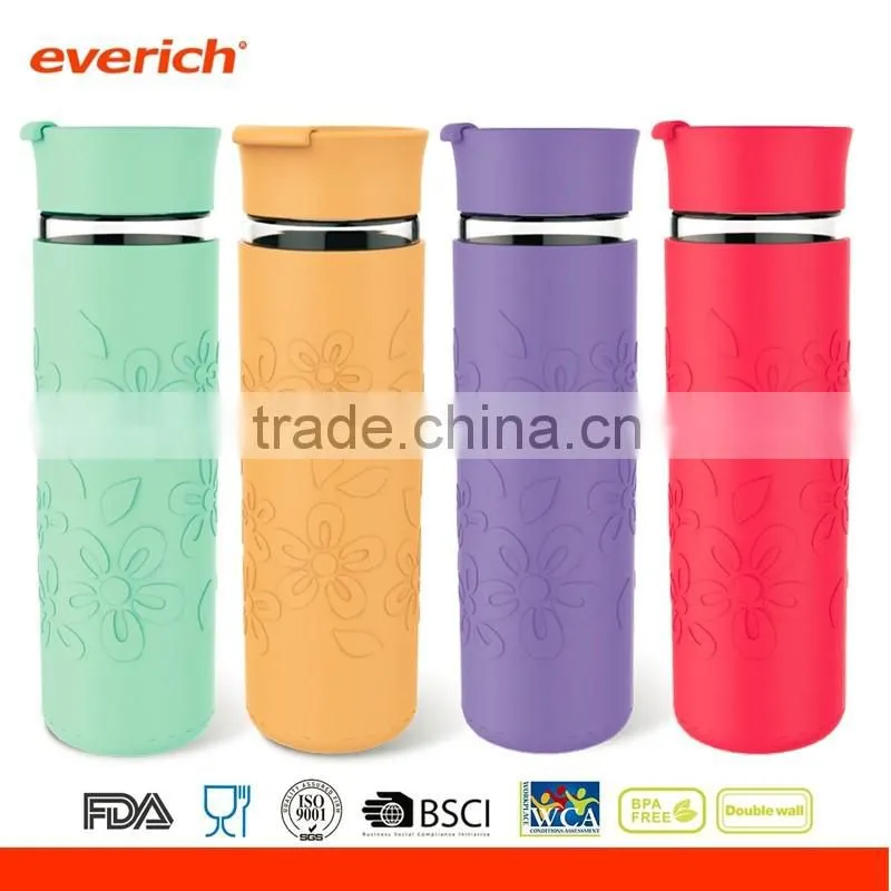 New borosilicate glass bottle with plastic lid and flower silicone sleeve