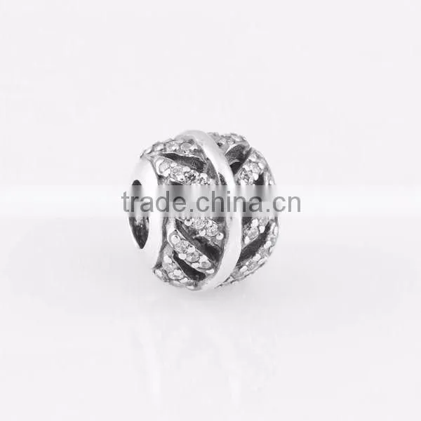 925 Sterling Silver Light as Feather Bead with Clear Micro Pave CZ For European Charm Bracelet