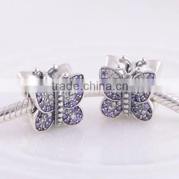 925 Sterling Silver Sparking Butterfly Bead with Purple Zirconia Fit European Charm Bracelet