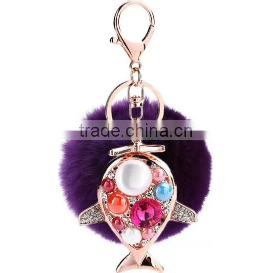 Rabbit fur ball accessory bag keychain with whale charm
