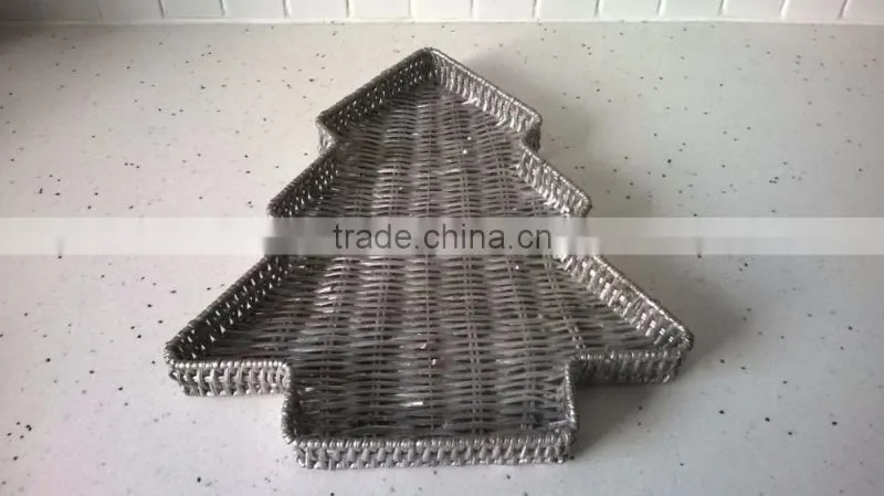Pretty Christmas Tree Shaped Silver Painted Wicker Basket Tray Festive Display