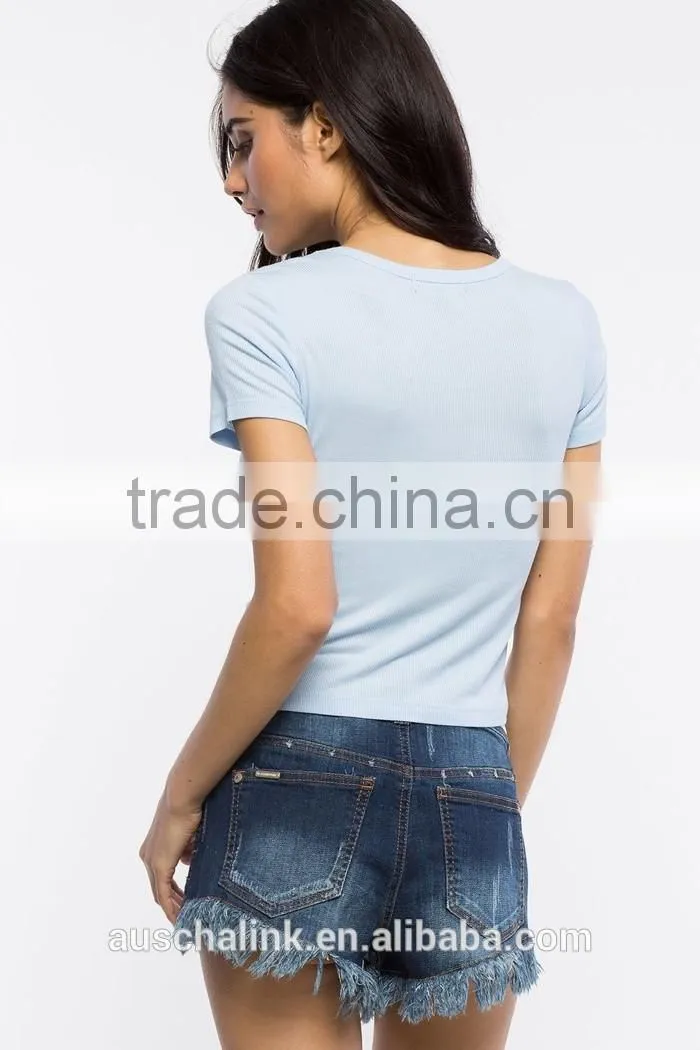 OEM service women cheap ribbed knit plain slim fit t shirt