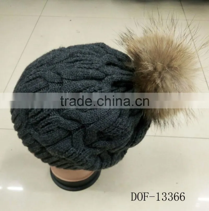 2016 unisex Fashion hot popular crochet wool beanie knitted cap with real racoon dog fur pompom