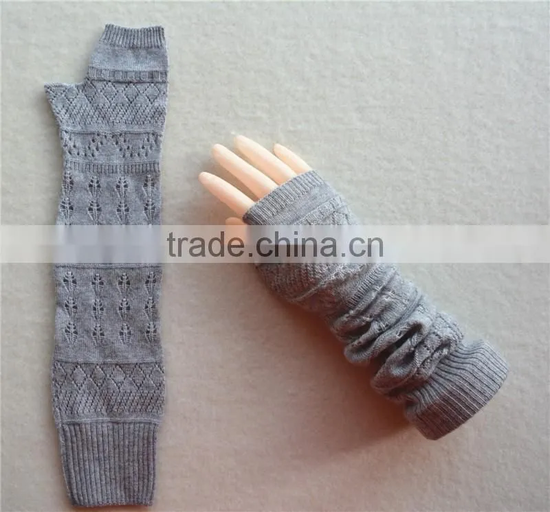 2016 new design knitted elbow length winter gray grey fingerless 100% cashmere gloves wholesale knitting pattern