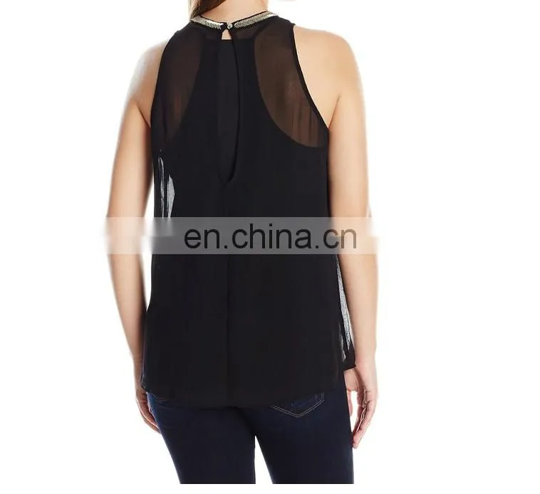 High quality lady fashion top with sequin around neck and central front