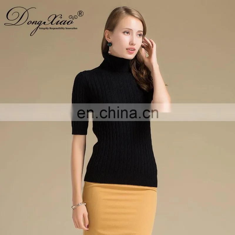 2024 Classic Cable Knit Women's Turtleneck Pullover Half Sleeves Cashmere Sweater Winter 100% Cashmere Solid Pattern Logo Back