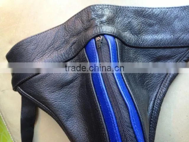 Leather Blue Striped Zip Fronted leather jock strap underwear