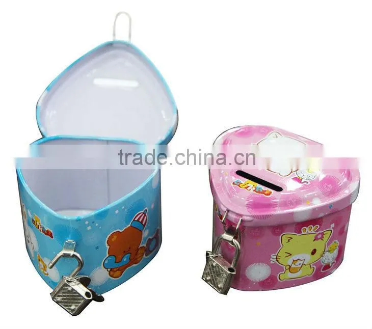 Heart shape metal tin money box with lock