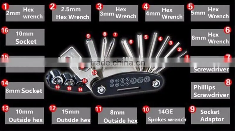 2016 New Design 15 in 1 Bicycle Repair Tool Multi Tool