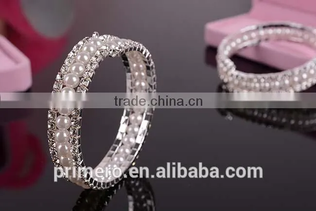 Fashion 2 Rows Stack Pearls Rhinestone Stretch Bracelets Bangles jewelry