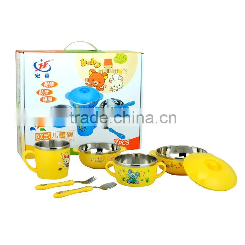 tableware wholesale stainless steel color bowls set with fork spoon and plastick lid for kids