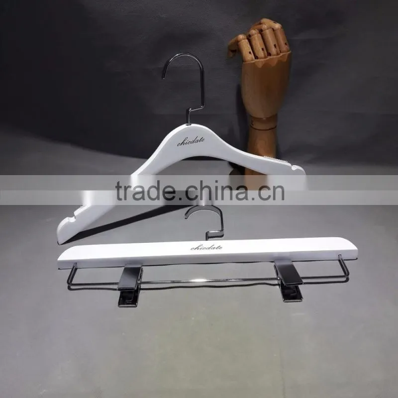 Matt white bottom wooden hanger with long chrome clip hanger long neck hook