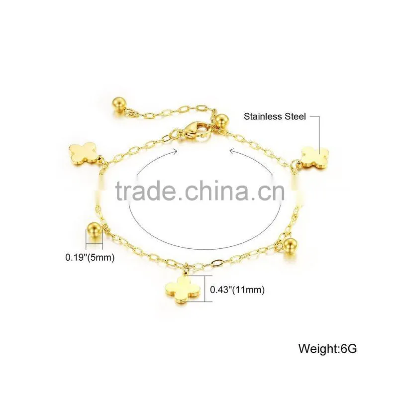 Lucky 18K Gold Plated Stainless Steel Four Leaf Charm Anklet Ankle Bracelet