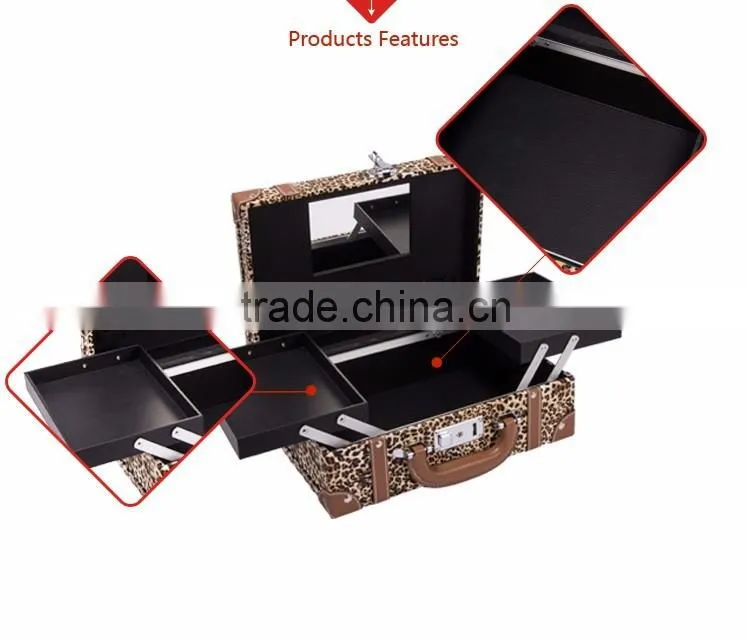 Fashion Leopard Print Cosmetic Makeup Train Case with Mirror and Easy Clean Extendable Trays