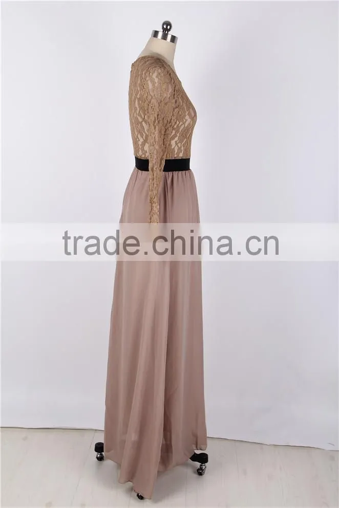 2016 New arrival full length long sleeve metallic lace maxi dress for wholesale