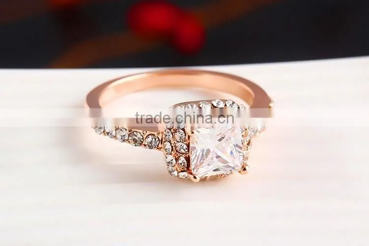 High quality 14k rose gold plated white crystal with big square zircon ladies rings for wedding