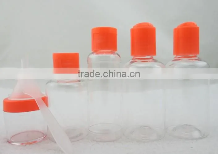 7pcs platic cheap color travel bottle kits with pink cap travel bottle set