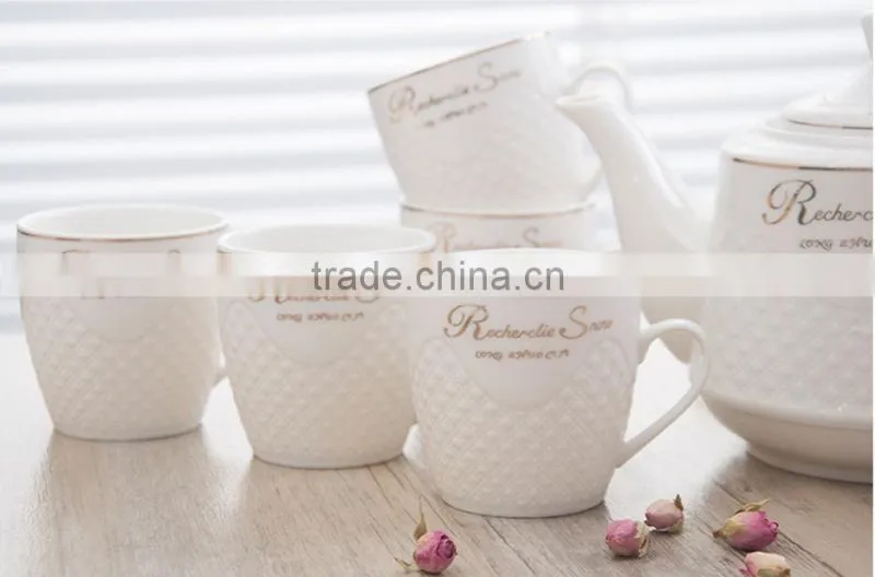 Pure white embossed grace porcelain 15pcs arabian tea set, vintage ceramic arabic teapot gift tea set