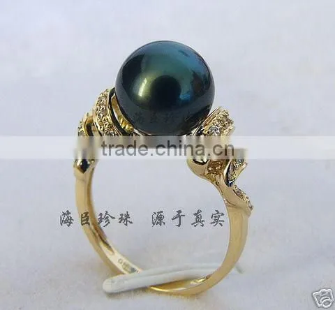 Green big tahitian pear ring with gold setting gold ring