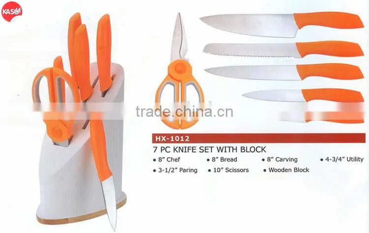 HX-1012 7pcs fresh orange stainless steel chef knife sets with wooden block