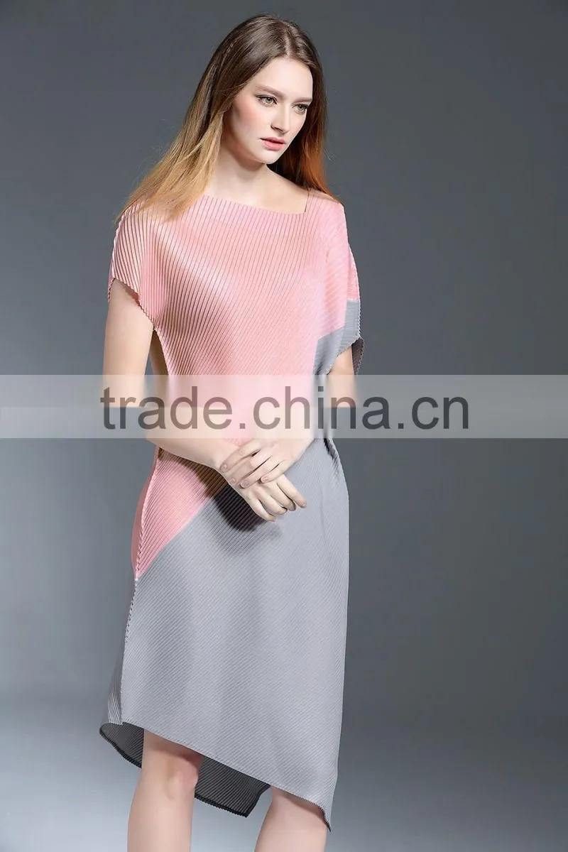 Women pleat trendy high low hem design sloping shoulder dress