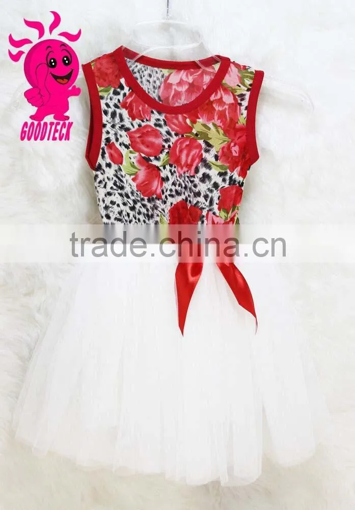 High quality and hot selling Red and White flower girl dress for Printed children dress lovely girl flower dress with Bow