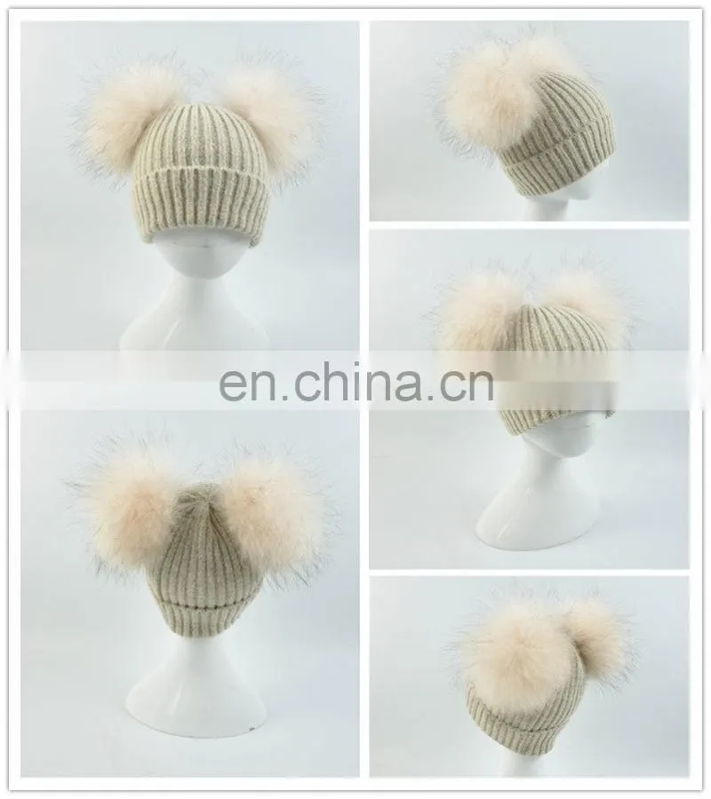 Kids Removable Fur Bobble Hat Winter Double Pom Pom Hat Crochet Kids Hat