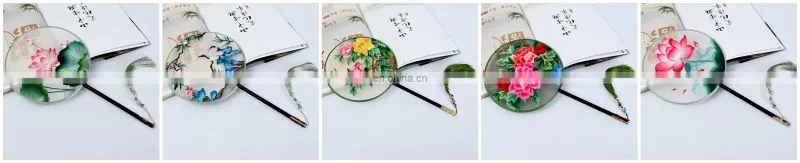 Chinese style multi-pattern silk embroidery dual-faced handmade round fan with long handle and tassel pendant(19*37cm)