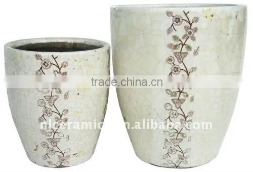 Outdoor Ceramic Craft Planter Tall round flowerpot In white color with liane decal