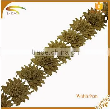 Antique Metallic GOLD 3D flower indian bridal lace trim wholesale for girl dresses XJ139