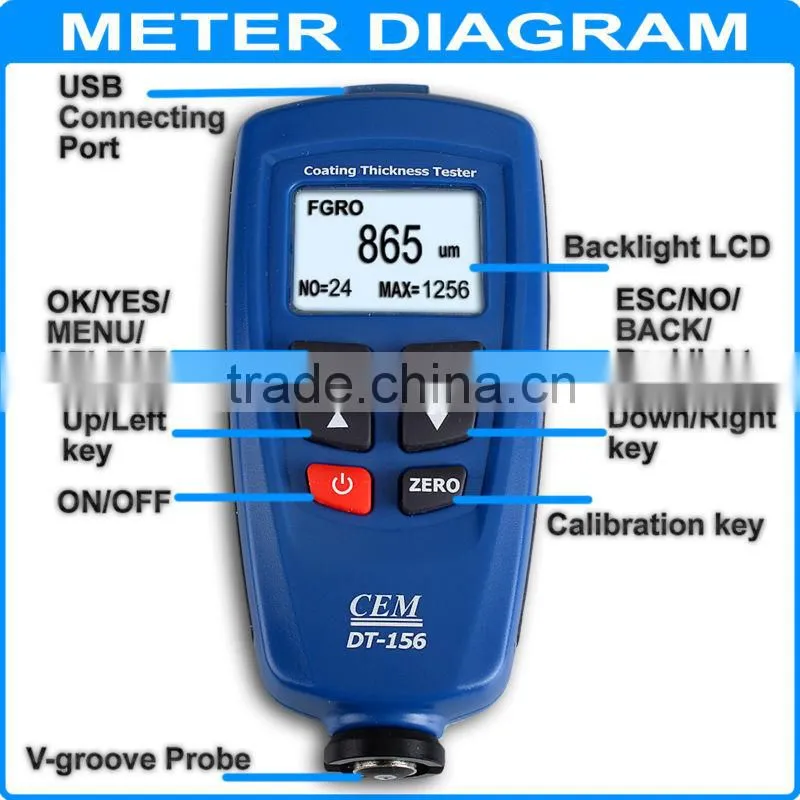 CEM DT-156 Paint Coating Thickness Gauge Meter Auto F/NF Probe 1250um V-groove