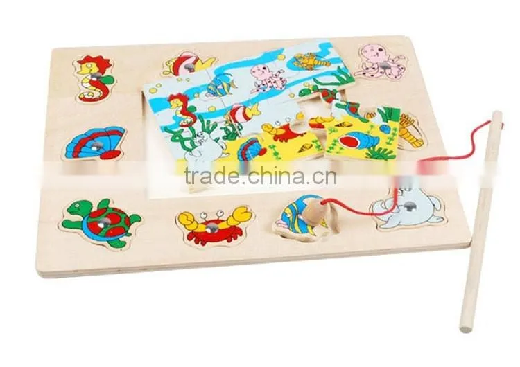 Hot sell educational wooden toy of magnetic fishing puzzle games
