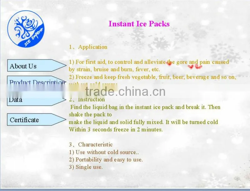 160g instant ice pack used to control and reduce blood stasis, swollen and pain caused by minor sprains, bruises, strain, burns