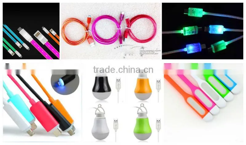 20 cm led light micro usb cable with flash colorful light for mobile phone